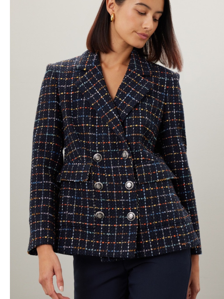 Veronica Beard Navy Multicolor Windowpane Tweed Double-Breasted Blazer Size 4